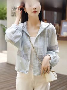 WANGGONGZHU | Princess Style Long Sleeve Sun Protection Outerwear Womens Summer Thin Breathable Casual Lace Trim Hooded Coat Regular Fit