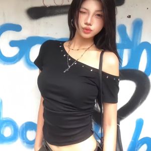 Áo Thun Nữ Tay Ngắn Cổ Chéo American Retro Hot Bé Gái Mùa Hè Thiết Kế Ôm Vừa Vặn Đa Năng Áo Thun Polyester Thường Ngày