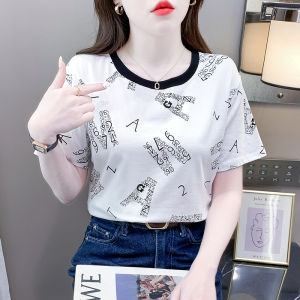 Áo Thun Cotton Trắng in Chữ Mùa Hè Cho Nữ Dáng Rộng Thiết Kế Tay Ngắn Cổ Tròn Phong Cách Hàn Quốc Thời Trang