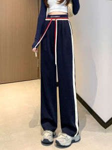 Blue Wide Leg Sports Pants Womens Spring Autumn Loose Casual Side Stripe Straight Leg High Waist Slimming Floor-Length Pants