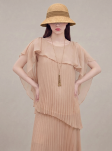 GULILI | Nude Color Ruffled Hem Chiffon Top Pleated Skirt Set