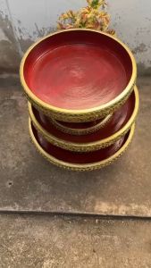 ขันโตก ไม้ จามจุรี พาน ลายไทย พานบายศรี 3 ขนาด 12 14 16 นิ้ว เดินเส้นประดับกระจก