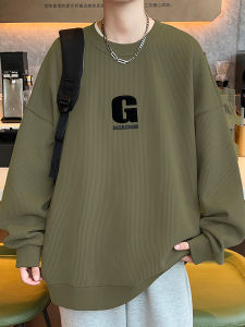 Casual Loose Long Sleeve round Neck Sweatshirt Mens Spring Autumn Trendy Brand Loose Outerwear Comfortable Breathable Cotton Polyester Blend