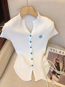 Korean Style V-Neck Short Sleeve Knitted Open Cardigan Womens Slim Fit Shoulder Length Summer New Fashion Versatile Top