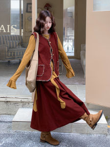 Red Retro Vacation Style Womens Three-Piece Set with Vest T-Shirt Mini Skirt for Autumn Season Casual Wear High Waist