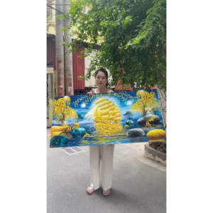 Tranh Cây kim tiền Tráng Gương 3D Khung Vàng – Tranh Treo Phòng Khách Phong Thuỷ Tài Lộc May Mắn Sang Trọng