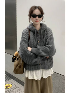 YUEZHONGWEI | Hooded Cable Knit Sweater Coat Women Warm 2026 Autumn Winter New Loose Style