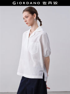 Designer Giordano White Shirt Womens Patchwork Collar Half Open Front Pocket mid Sleeve Pure Cotton Casual Style Summer