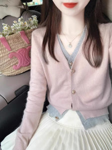 DUOFEIYAN | Fashionable Pink V-Neck Knit Cardigan Womens Stylish Short-Sleeve Sweater
