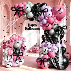 Bộ Dụng Cụ Trang Trí Cổng Bóng Bay Halloween Màu Hồng Macaron 122 Món Với Hình Dán Dơi 3D Mạng Nhện Hoa Hồng Bông Bóng Bay Latex Màu Xám Tím Đen Dùng Trang Trí Tiệc Trong Nhà Và Ngoài Trời