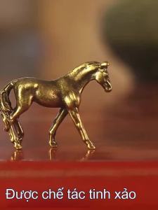 Antique Brass Solid Horse Figurines Long Tail Miniature Feng Shui Decoration for Display Shelf