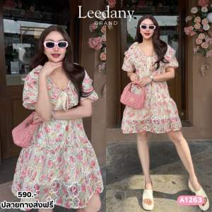 A1263 เดรสพิมพ์ลายดอกไม้สีสัน ผูกโบว์ด้านหน้า ป้าย LDN