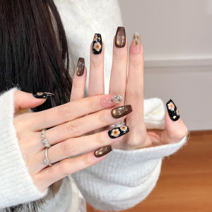 Nail Art สีสันสดใส ลวดลายหัวแมว ติดสีสันสดใส ทาเล็บแบบสวมใส่ ทาเล็บแบบสวมใส่ ชุดเล็บ ชุดเล็บสีพื้น สไตล์ฝรั่งเศส
