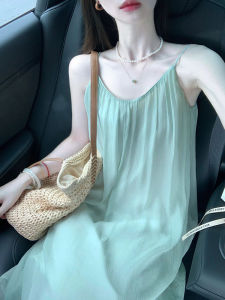 Luxury Brand Womens French Gauzy Strap Dress Summer Beach Vacation Long Dress Commute Style Natural Waist H-Shape Silhouette
