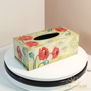 Hộp Đựng Khăn Giấy Sơn Mài Trang Trí Hoa Anh Túc Đỏ