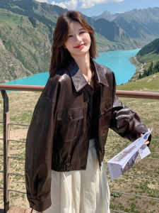 Retro American Brown PU Leather Jacket Women Cool Short Style 2025 Autumn High Oil Wax Feel Motorcycle Biker Jacket Coat