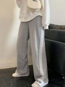 New New Fall Womens Clothing Gray 3 Bars Sports Pants Loose Straight-leg Wide-Leg Casual Pants Womens Loose Plus Size