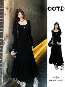 plus Size Womens round Neck Black Base Dress Autumn Slim Fit V-Neck A-Line Long Dress High Waist Korean Style Long Sleeve
