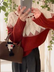 Soft Cozy Red Christmas New Year Womens Knitted Sweater Autumn Winter Fashionable Trendy Warm Long Sleeve round Neck Top
