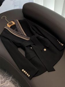 Elegant Slim Fit Diamond Embellished Waist-Cinching Suit Jacket Fashionable Commute Length Sleeve Mid-Length Winter Outerwear