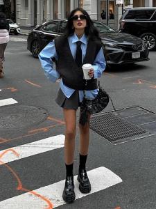 ชุดนักเรียนสไตล์เกาหลี ชุดสามชิ้น ฤดูใบไม้ผลิและฤดูใบไม้ร่วง สไตล์ฮ่องกง ย้อนยุค ระดับไฮเอนด์ เรียบหรู แฟชั่นสตรีท วินเทจ