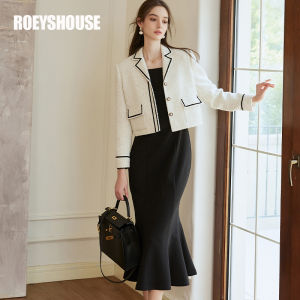 Roey s house | Elegant Turn-down Collar White Tweed Business Casual Coat