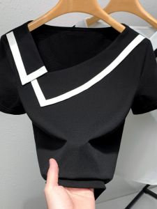 WANGGONGZHU | Fashionable French V-neck Short Sleeve T-shirt Womens Summer New Design Sensation Princess Style Commute Classic Pure Color