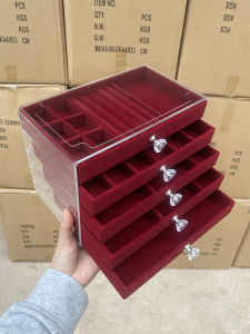 Large Capacity Red Jewelry Box Vintage Ring Earring Necklace Bracelet Storage Organizer Velvet Fabric Desktop Storage Box