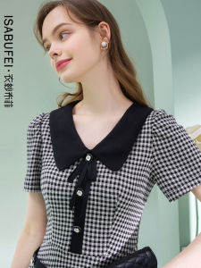 Isabufei Plaid A-Line Dress Womens Summer Doll Collar Slim Fit Waist Butterfly Knot Midi Skirt Princess Style Polyester Blend