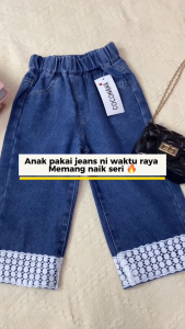 Seluar Jeans Budak Perempuan 1-12Y Kids Girl Long Pants Flower Lace Straight Jeans Baby Girl Seluar Panjang Baju Raya