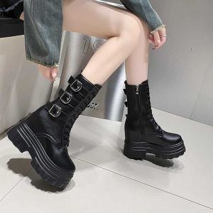 Elevator Shoes Cos Universal Leather Martin Boots Female British Style Thick Sole Locomotive Rider Mid Boots round Head K-style