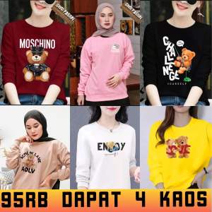 Promo Kaos Lengan Panjang Wanita 95RB Dapat 4 Kaos Lengan Panjang Dewasa Dan Remaja Perempuan Motif Distro Tedy Bear Beruang Boneka Barbie Kekinian Baju Pakaian Atasan 95 Rb 4 PCS Kaos Cewek Oblong T-Shirt Rib Sablon Gambar Digital DTF Oversize Cwe Tshirt