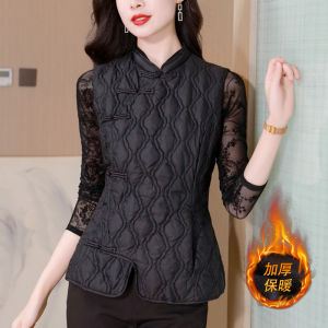 New Chinese Style Womens Quilted Cotton Vest Jacket with Button Warm Fashionable Top for Autumn Winter Thickened Stand Collar