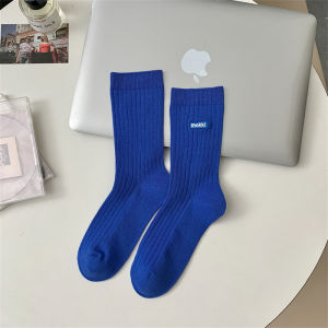 ถุงเท้าผู้หญิงทรงยาวคอตตอนผสมสีน้ำเงิน ถุงเท้าคอตตอนผสมด้ายเนื้อนุ่ม ถุงเท้าทรงยาวฤดูใบไม้ร่วง/ฤดูหนาว ถุงเท้าผู้หญิงแบบลำลอง