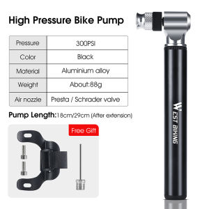 West Biking | WEST BIKING Portable Bicycle Pump 300PSI High Pressure Bike Air Pump Bike Tire Inflator Schrader Presta Valve Cycling Hand Pump