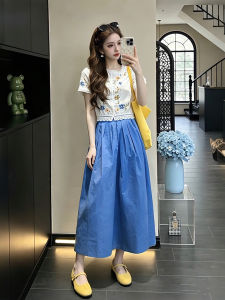 XUECAIQI | Beautiful Summer Floral Square Neck Short Sleeve Shirt and Skirt Set