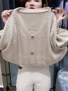 European Goods Autumn New Arrival Fashion V-neck Pure Color Cable Stitch Knitting Long Sleeves Tops Female Loose Western Style Slimming All-Match Sweater