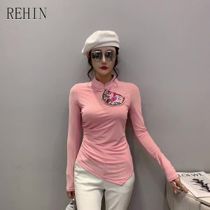 REHIN Womens top Vintage fashionable and all-match stand-up collar coil buckle long sleeve T-shirt thin embroidery bottoming blouse
