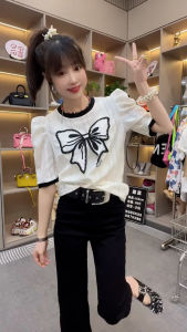 European Goods 2024 Summer New Arrival Cut Out Bows Short Sleeve T-shirt Female round Neck Multicolor Puff Sleeves Design Blouse