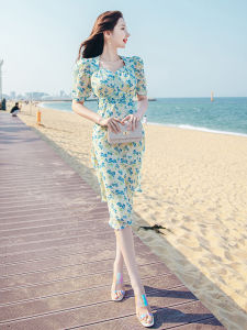 Elegant Summer Floral Print Dress Bow Knot Waist Cinching Square Neckline Korean Style Commute High Waist A-Line Skirt