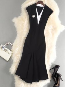 Elegant Black Wrap around Bodycon Dress Summer Fashion Retro Style Pleated Zipper Splice Midi Skirt Fish Tail Gown Womens Dress