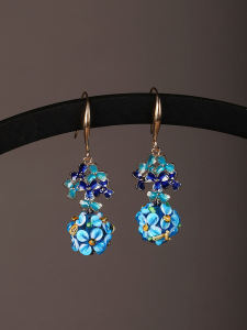 Blue Liquefied Glass Tai Blue Ear Jewelry for Women Vintage Chinese Style Bead Earrings Fashionable Accessory Floral Pattern