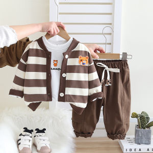 Baby Boy Girl Cartoon Long Sleeve Cardigan Set Breathable Cotton Spring Clothes Three-Piece Suit for Eight-Month-Old Kids