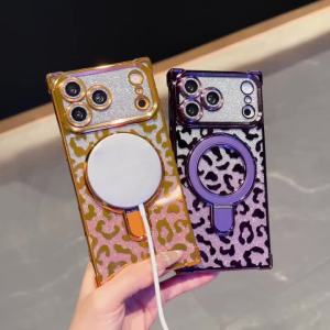 Luxury Plated Leopard Print Glitter Magnetic For Magsafe Phone Case For iPhone 17 Pro Max 16 15 Plus 14 Pro Max Shockproof Cover