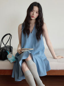 Casual High Waist A-Line Dress Ice Blue Rayon Sleeveless Vest Dress Irregular Seaming Womens Dress Skin-friendly Breathable