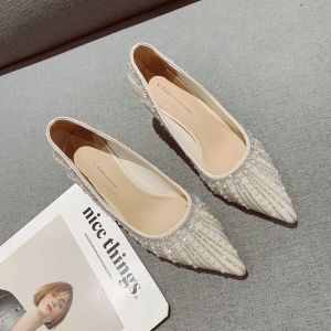 เซ็กซี่ รองเท้าส้นสูงประดับมุก ผู้หญิง รองเท้าหัวแหลมรองเท้าบอลรูมขอบคม ทันสมัย พื้นรองเท้ายางเชื่อมด้วยกาว