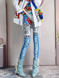 Womens Winter Fleece Lined Fashionable Printed Letter Denim Look Leggings Nine Point Length Polyester Spandex Blend