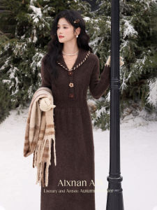 South Deer Afternoon Tea Melody Navy Collar Long Dress Womens Winter New Style Warm Dress A-Line Skirt Casual Basic Model