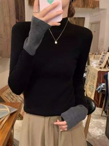 Korean Style Color Block Semi-high Collar Fitted Sleeve Sweater