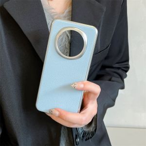 เคสสำหรับ Honor Magic7 Pro Magic6 Pro หนังลิ้นจี่สีทึบเคสโทรศัพท์มีลายกรอบชุบโลหะฝาแข็งเคสป้องกันการกระแทกกันตกขั้นสูง